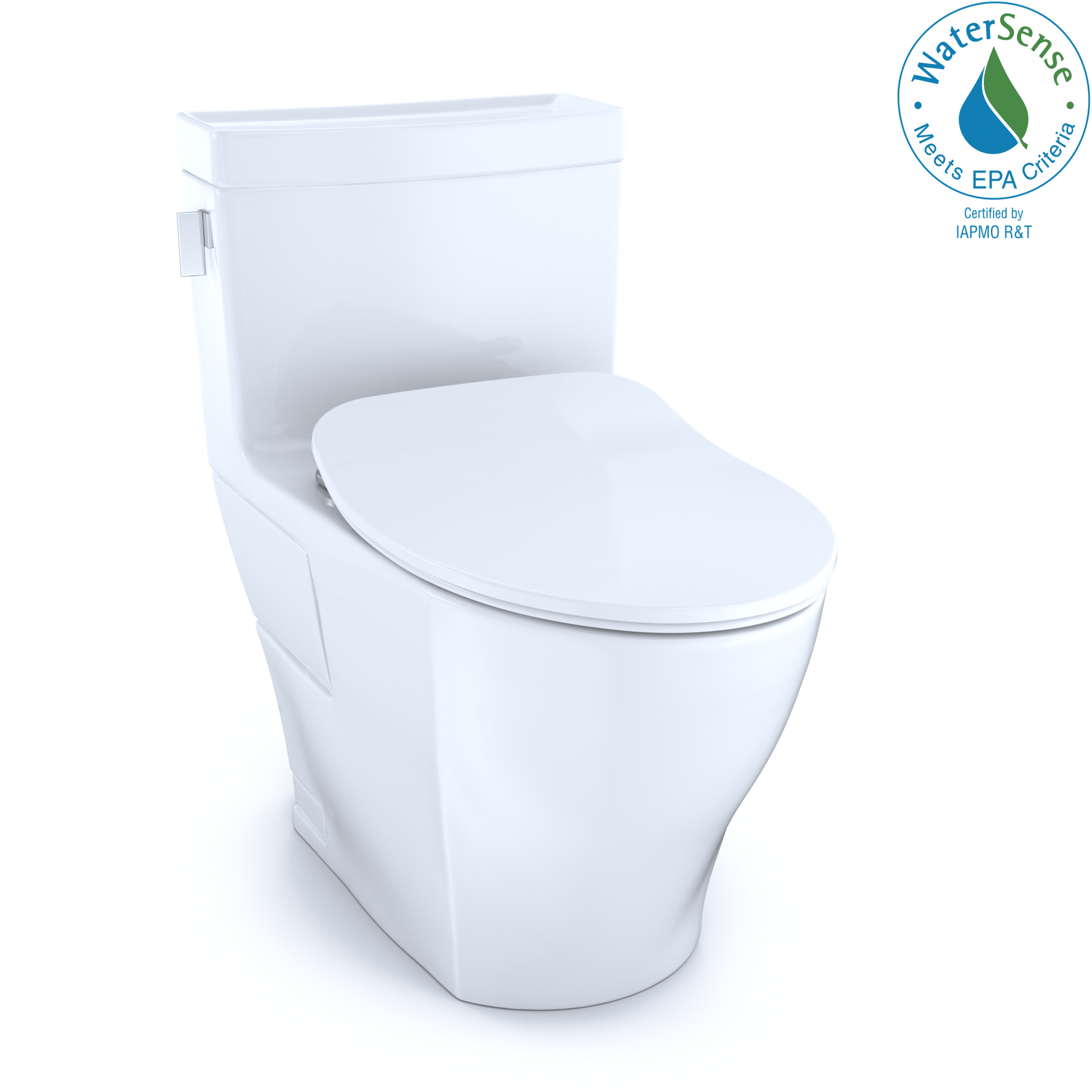 White elongated one-piece toilet with closed soft-close seat and integrated tank.