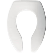 White elongated commercial toilet seat with open front design and self-sustaining check hinge.