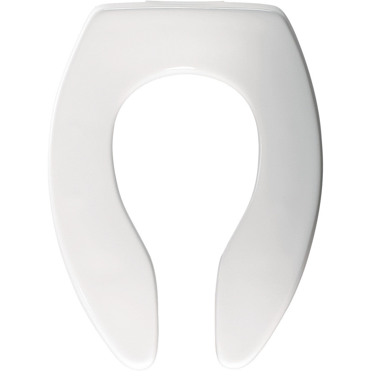 White elongated commercial toilet seat with open front design and self-sustaining check hinge.