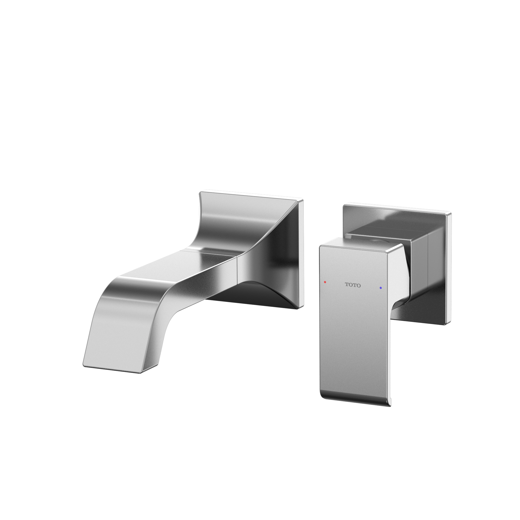 Polished chrome wall-mount bathroom faucet with curved spout and single handle control.