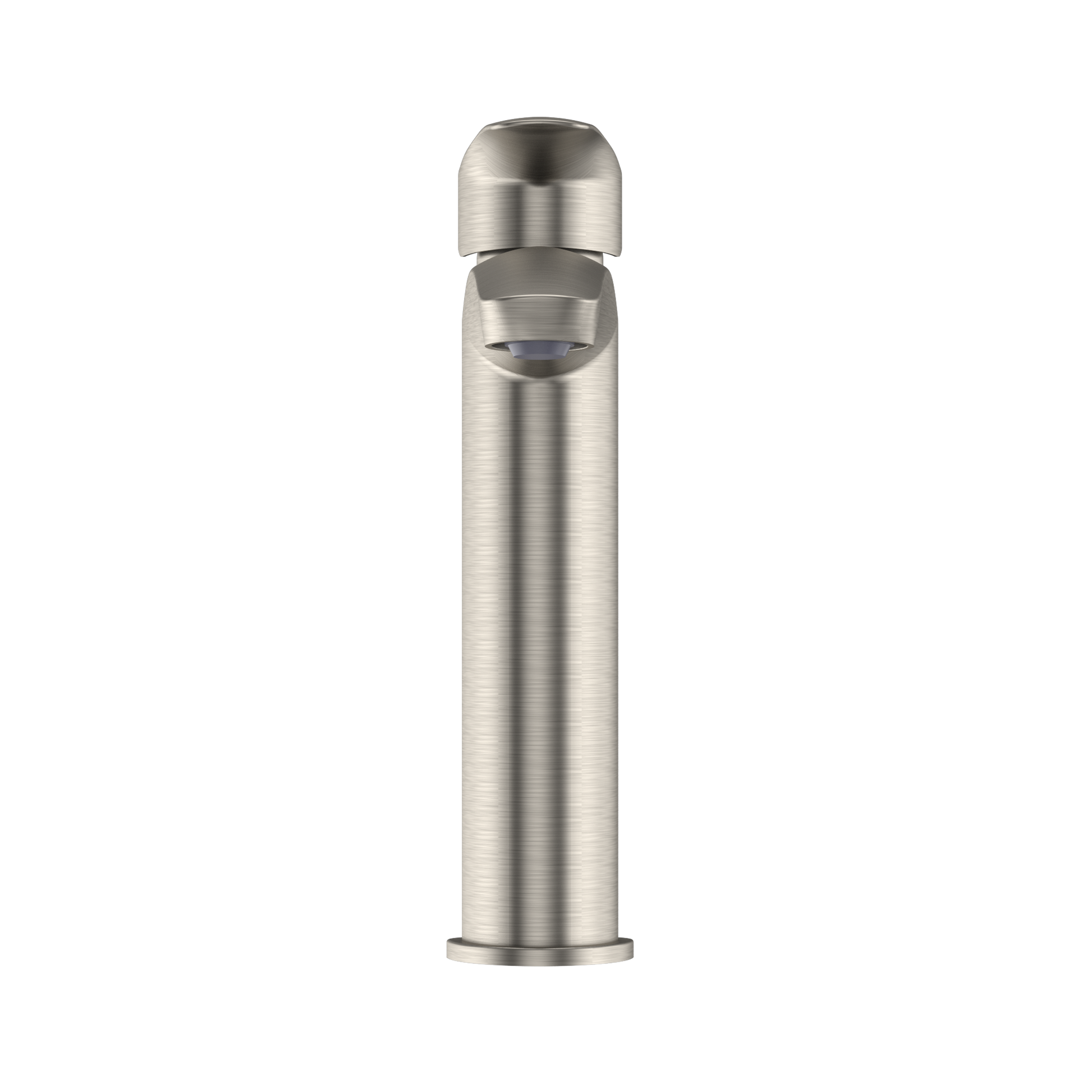 Brushed nickel single-handle bathroom sink faucet with tall cylindrical spout and rounded cap top.