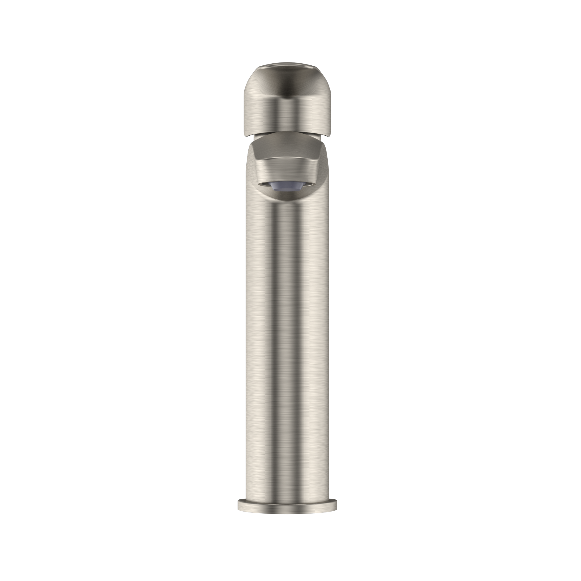 Brushed nickel single-handle bathroom sink faucet with tall cylindrical spout and rounded cap top.