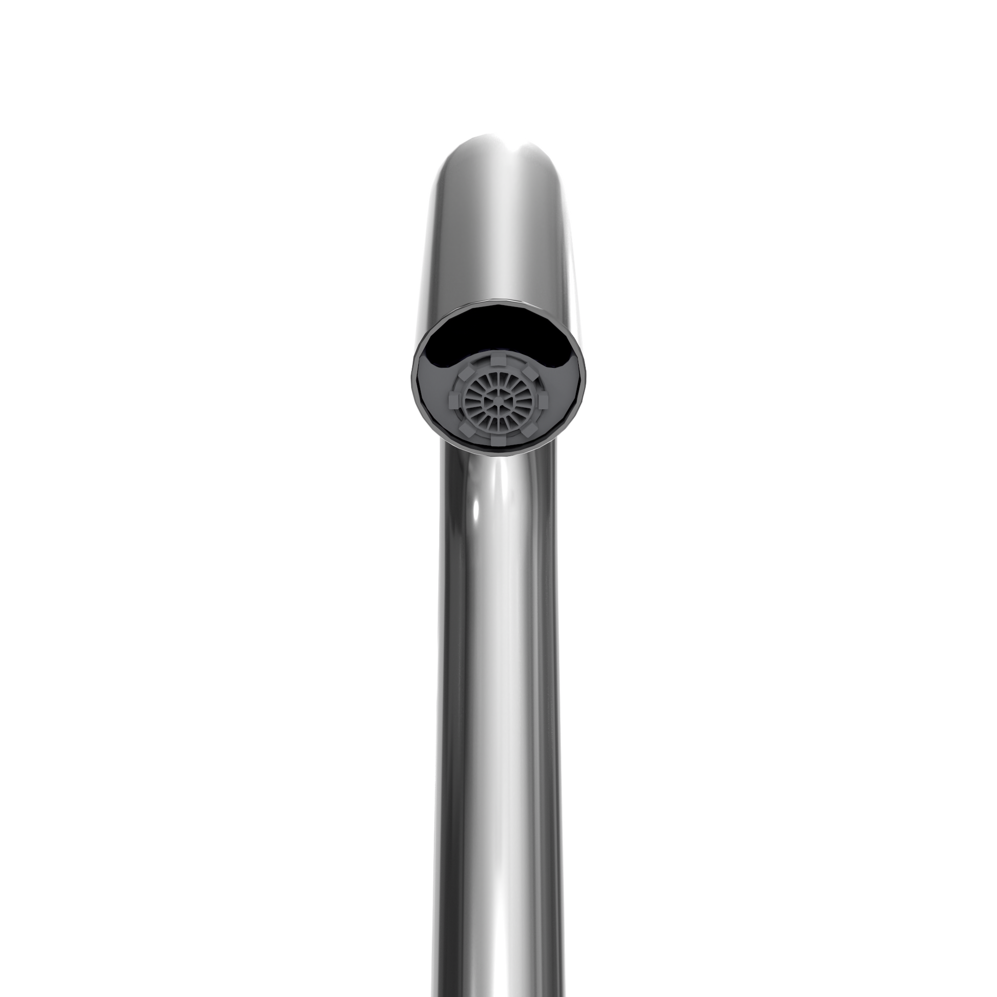 Polished chrome touchless bathroom faucet with cylindrical spout and aerator head.