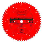 Red circular saw blade with 54 teeth, 14-inch diameter, 1-inch arbor hole, labeled "Thin Kerf General Purpose" with Freud bra