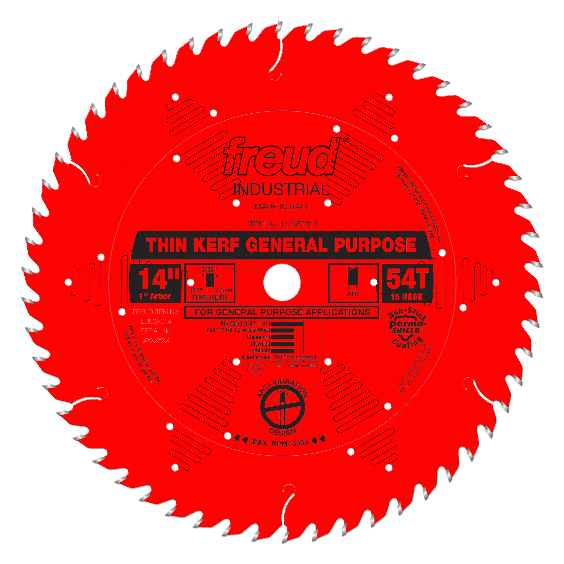 Red circular saw blade with 54 teeth, 14-inch diameter, 1-inch arbor hole, labeled "Thin Kerf General Purpose" with Freud bra