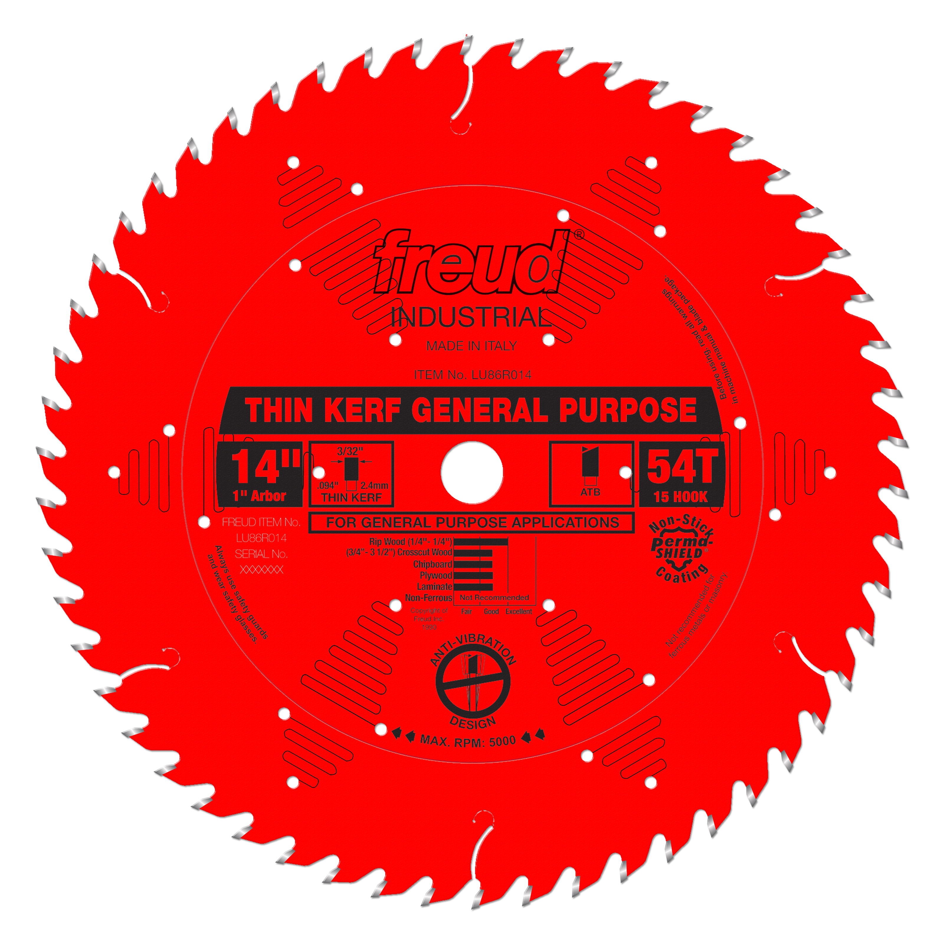 Red circular saw blade with 54 teeth, 14-inch diameter, 1-inch arbor hole, labeled "Thin Kerf General Purpose" with Freud bra