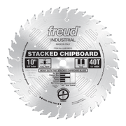 Freud 10" stacked chipboard saw blade with 40 teeth, 5/8" arbor, and anti-vibration design for ripping and crosscutting.