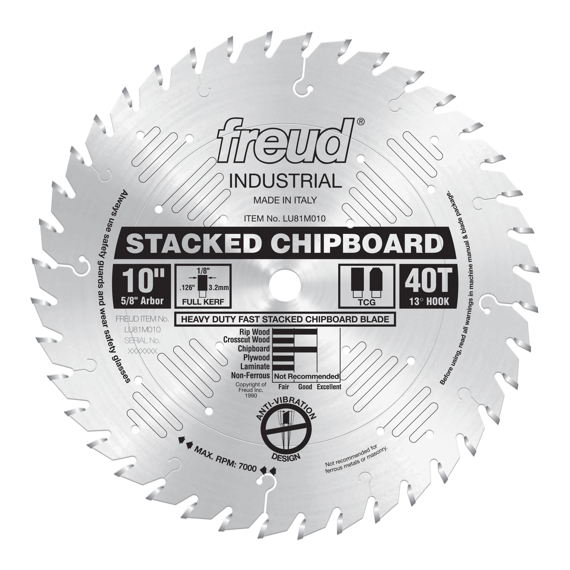 Freud 10" stacked chipboard saw blade with 40 teeth, 5/8" arbor, and anti-vibration design for ripping and crosscutting.