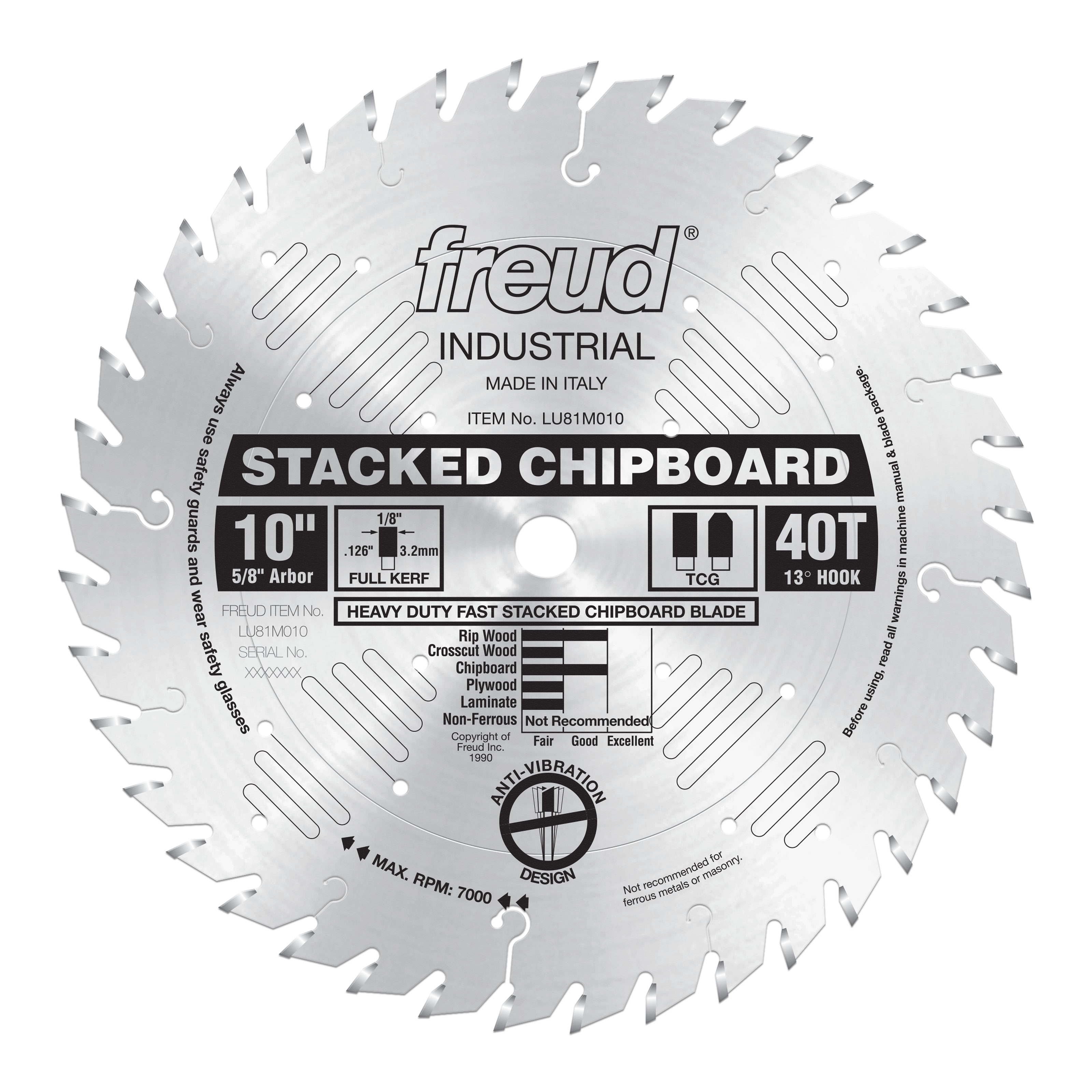 Freud 10" stacked chipboard saw blade with 40 teeth, 5/8" arbor, and anti-vibration design for ripping and crosscutting.