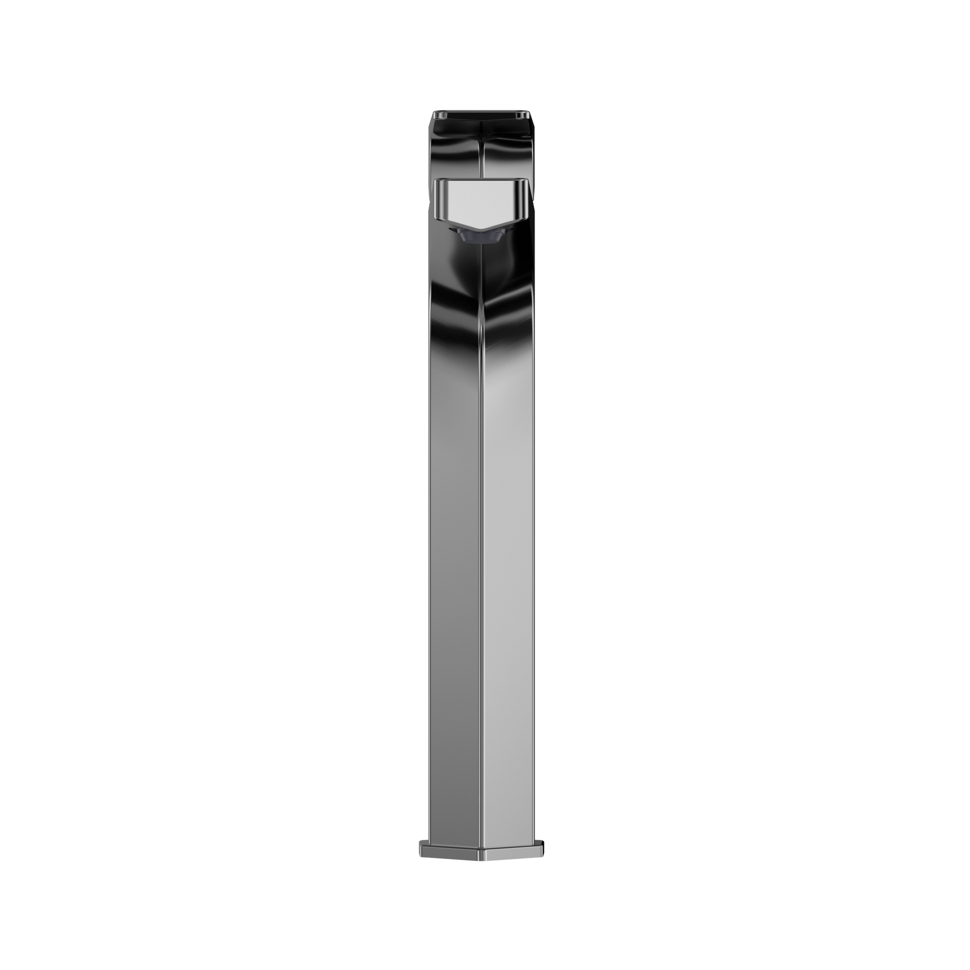 Polished chrome single-handle vessel faucet with tall squared spout and black handle accent.