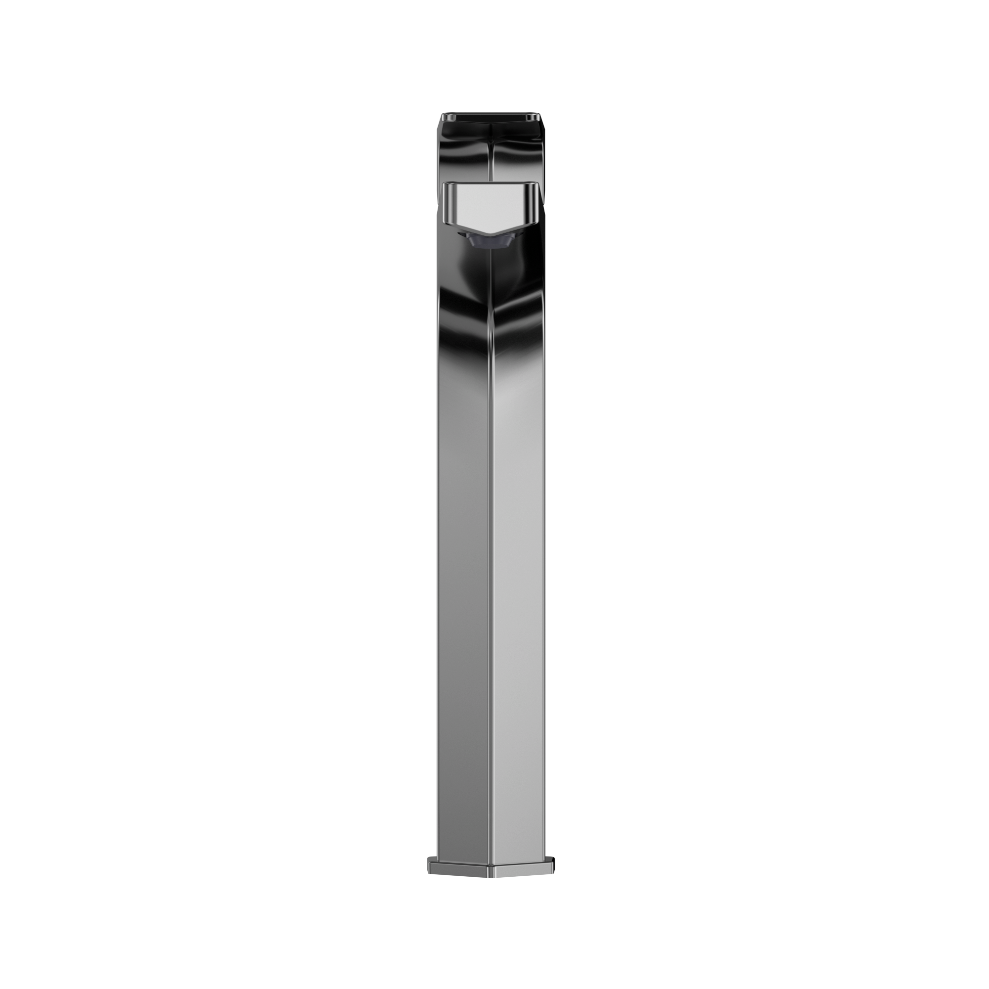 Polished chrome single-handle vessel faucet with tall squared spout and black handle accent.