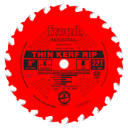 Red circular saw blade with 22 teeth, 8" diameter, 5/8" arbor, thin kerf rip design with silver tooth tips.