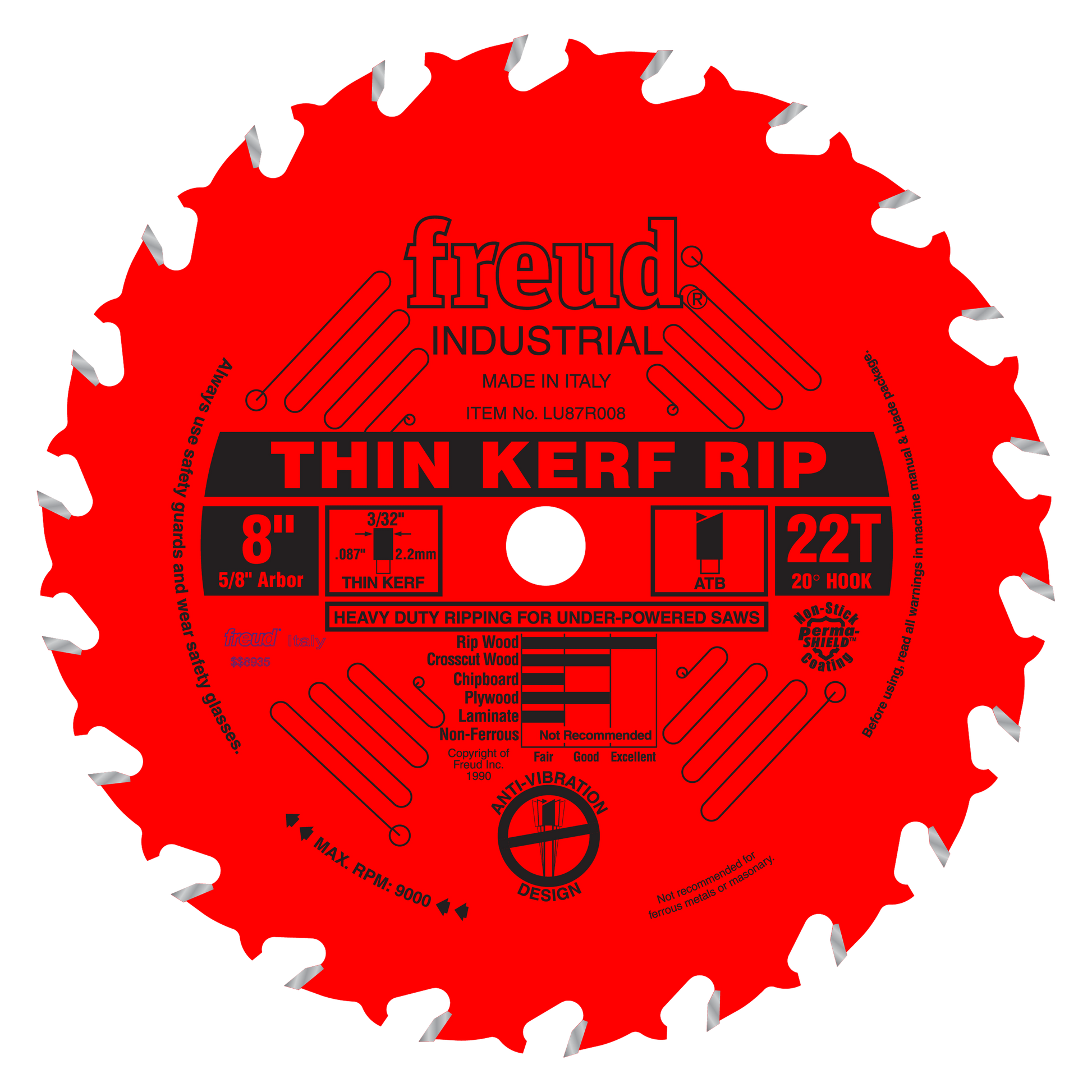 Red circular saw blade with 22 teeth, 8" diameter, 5/8" arbor, thin kerf rip design with silver tooth tips.