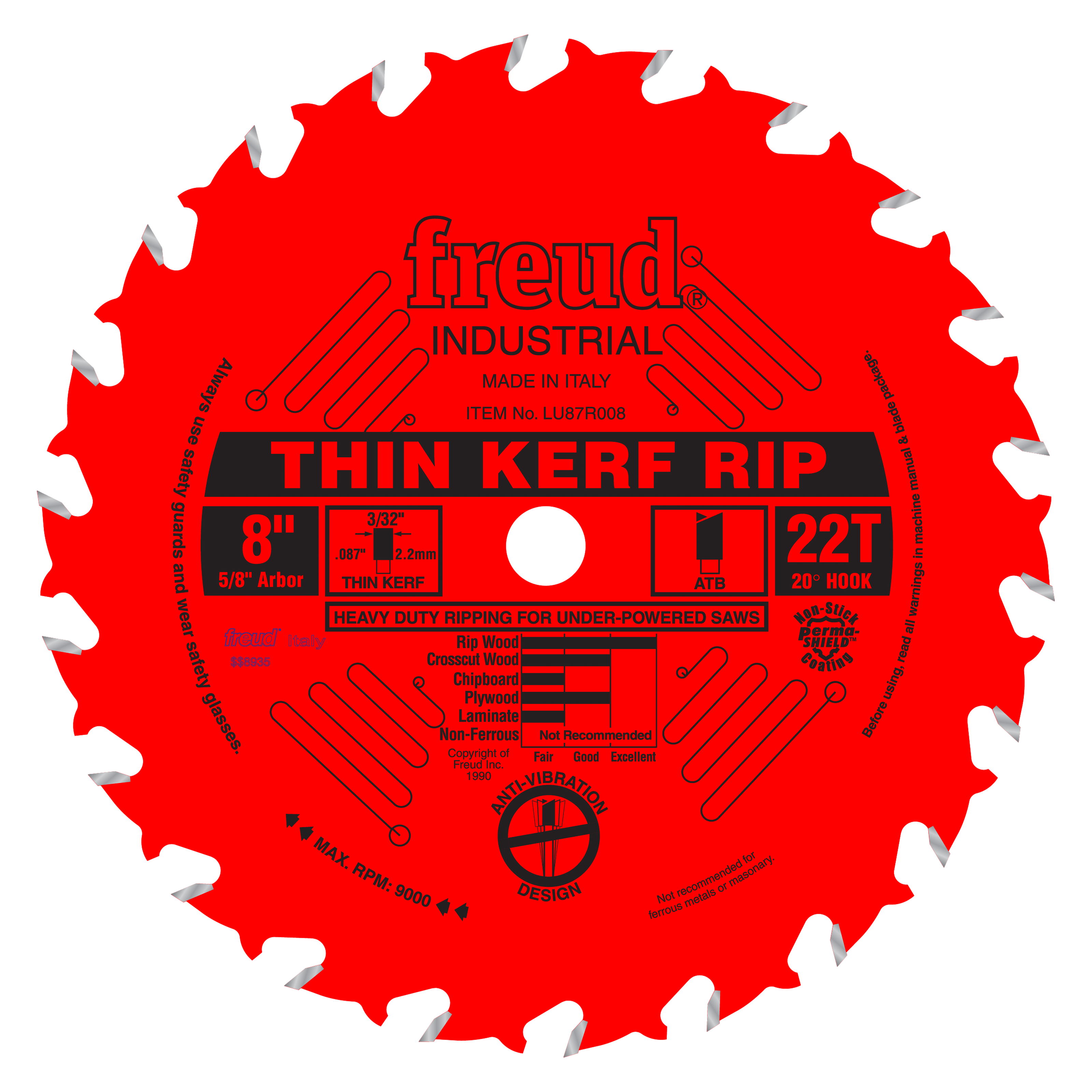 Red circular saw blade with 22 teeth, 8" diameter, 5/8" arbor, thin kerf rip design with silver tooth tips.