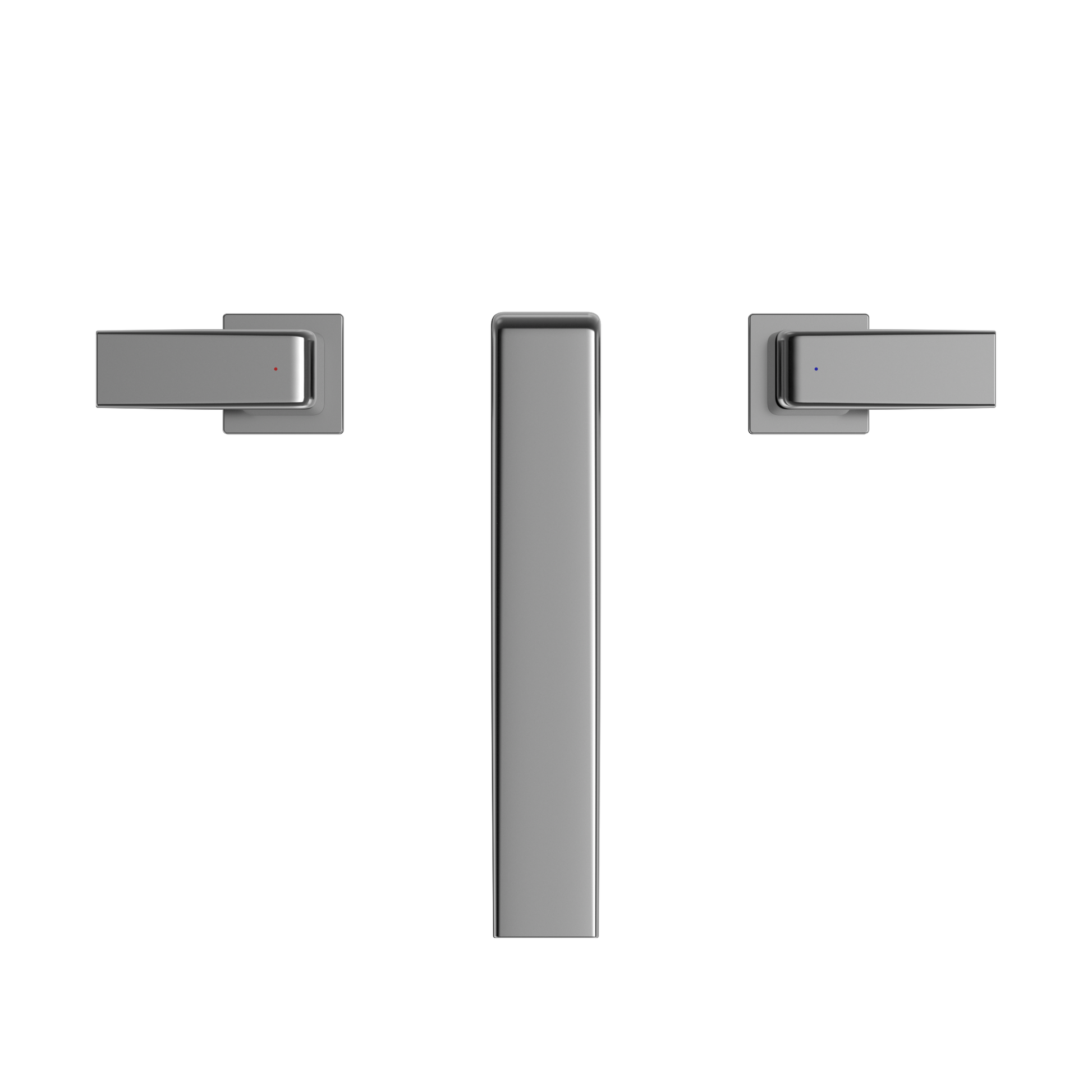 Polished chrome two-handle deck-mount roman tub filler trim with central vertical spout and dual side handles.