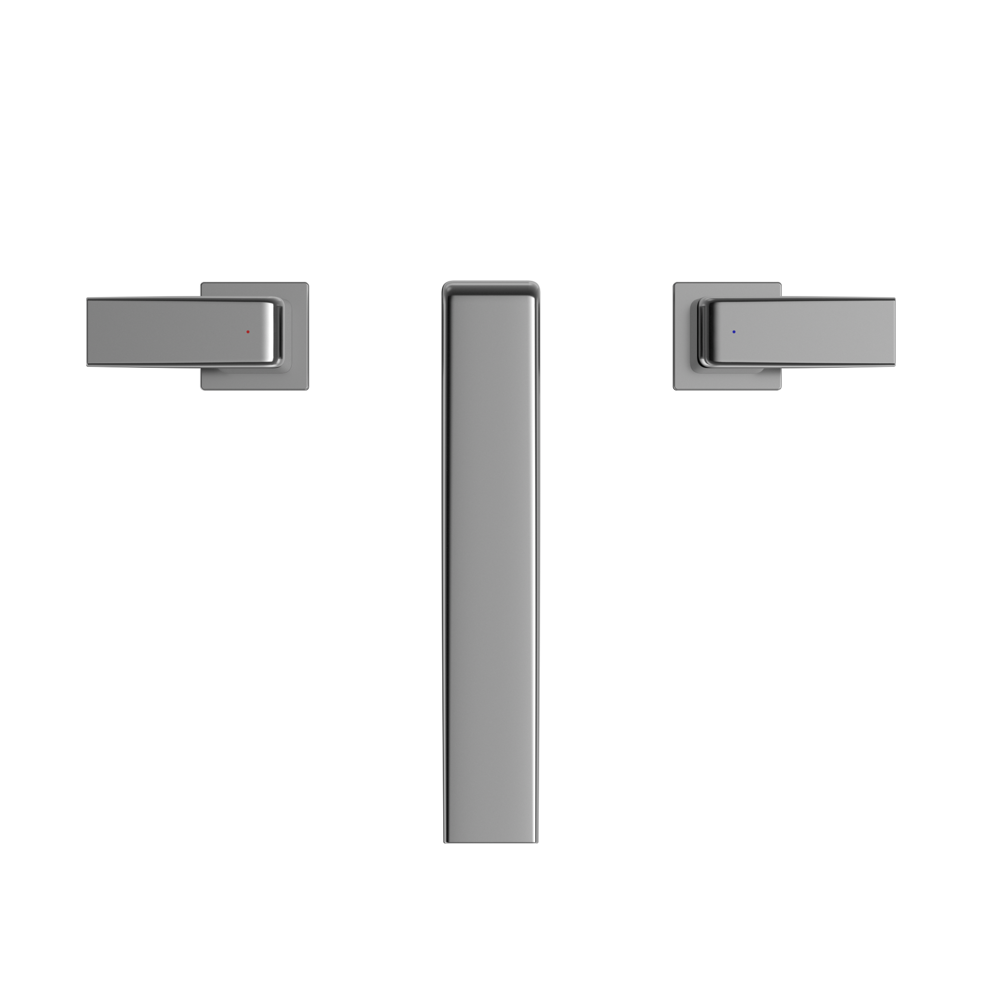 Polished chrome two-handle deck-mount roman tub filler trim with central vertical spout and dual side handles.