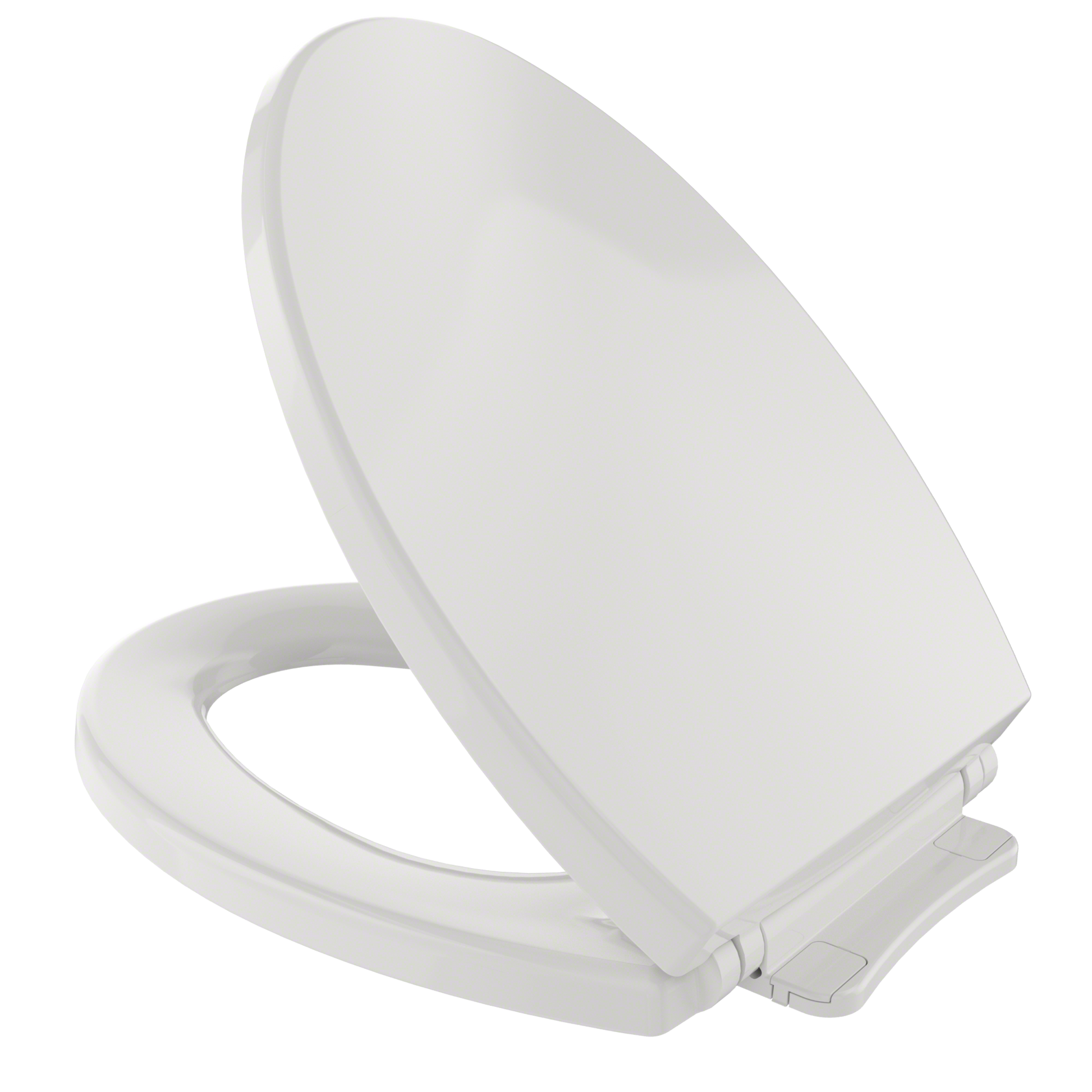 White elongated toilet seat and lid with closed lid positioned at an angle, showing the seat ring and hinge mechanism.