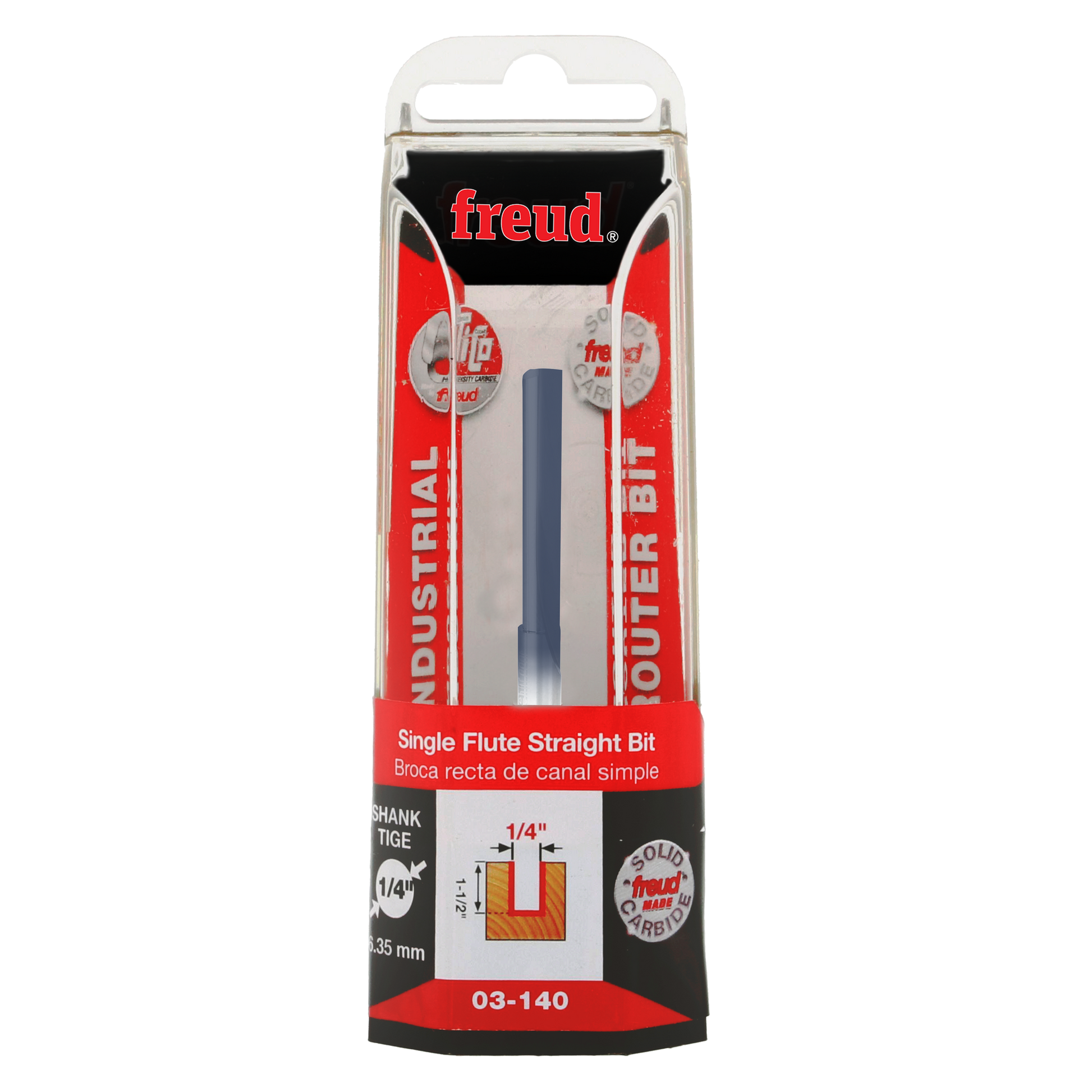 Freud 03-140 1/4" diameter single flute straight router bit in clear clamshell packaging with red and black labeling.
