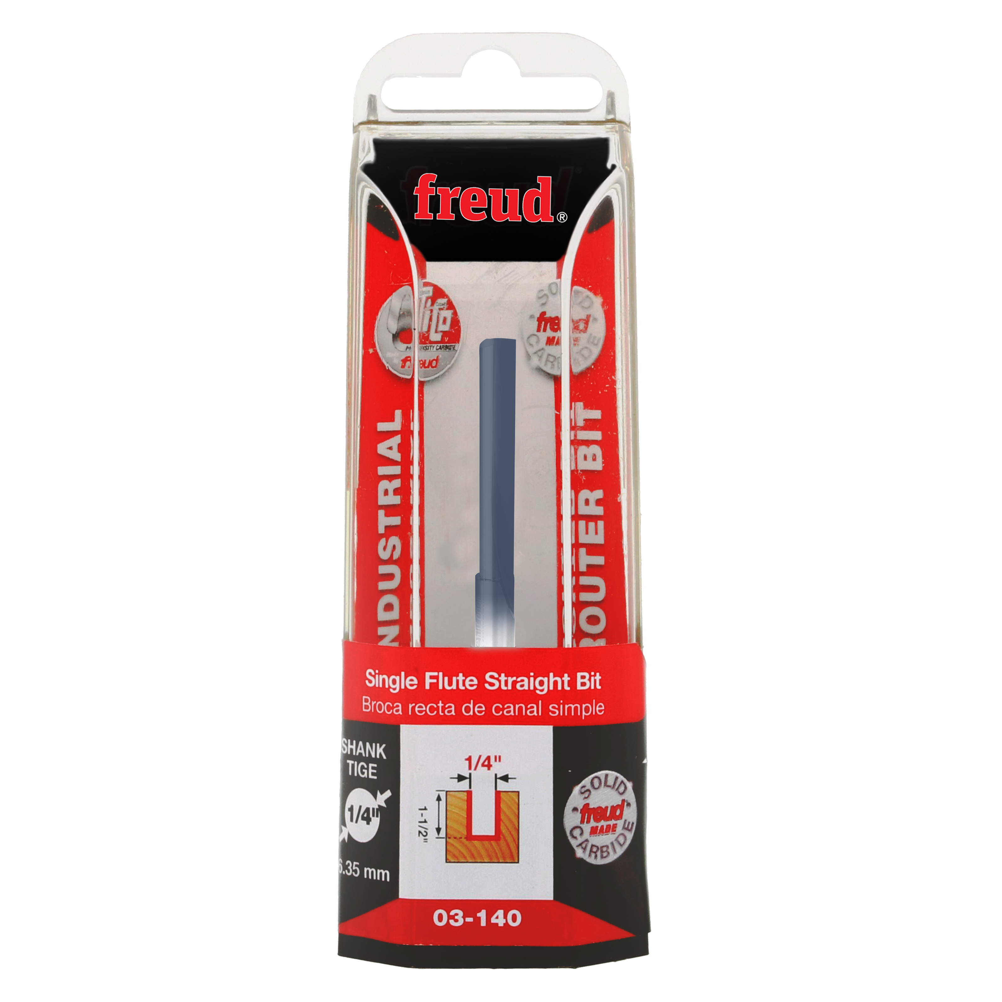 Freud 03-140 1/4" diameter single flute straight router bit in clear clamshell packaging with red and black labeling.