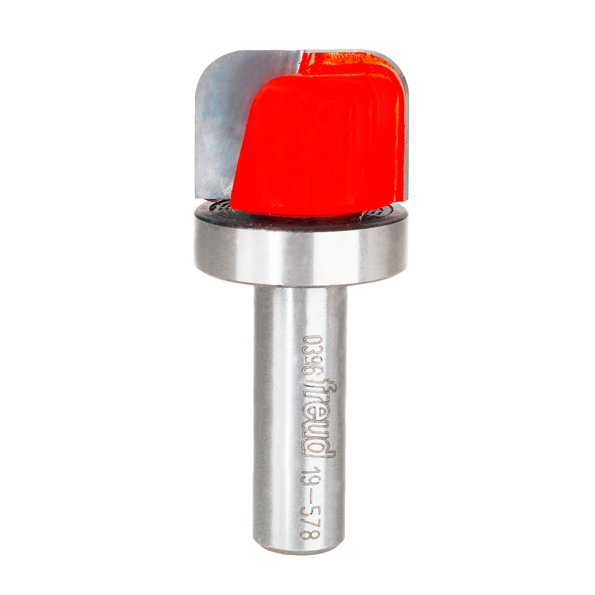 Router bit with red curved dish carving head and metal shank marked "Freud 49-578".