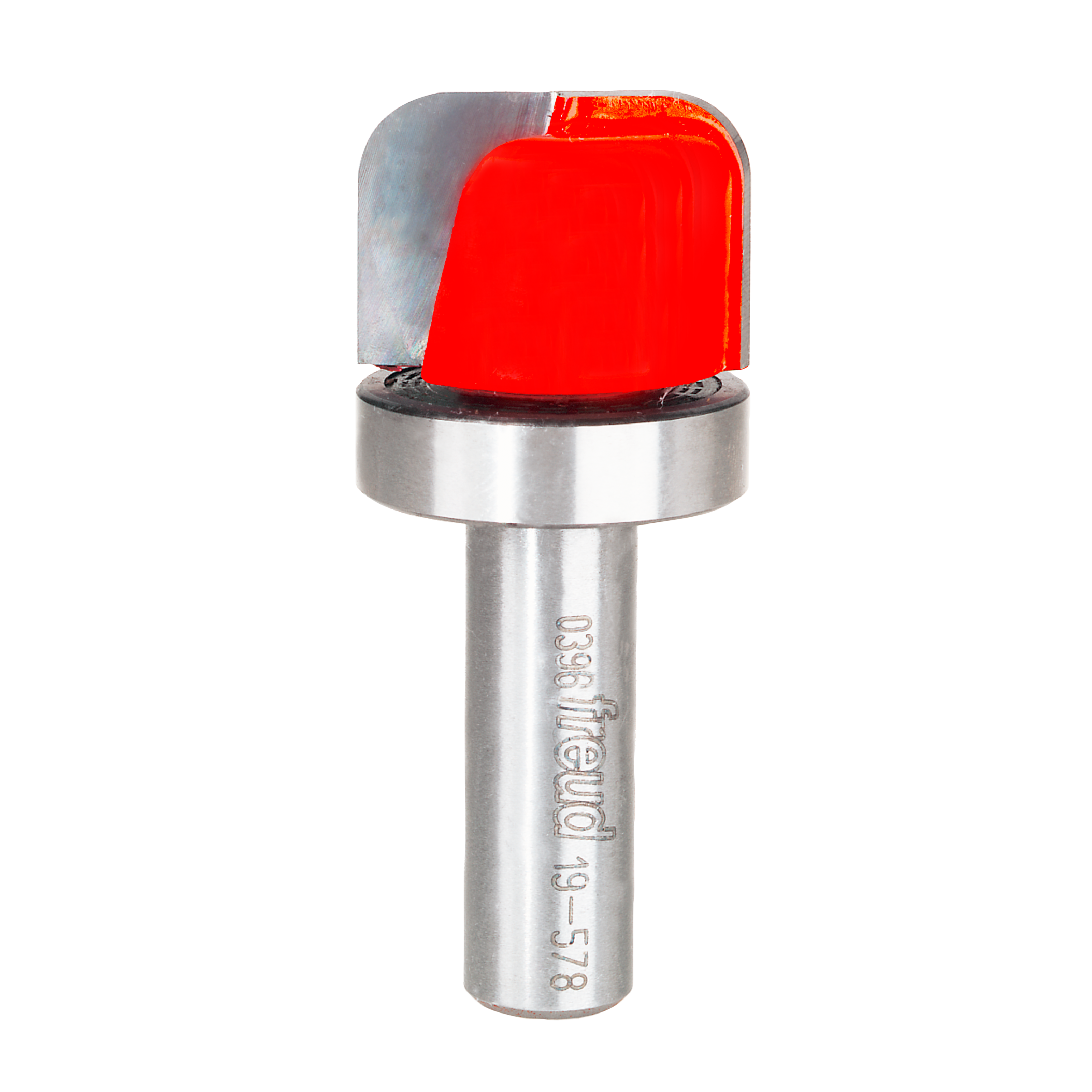 Router bit with red curved dish carving head and metal shank marked "Freud 49-578".