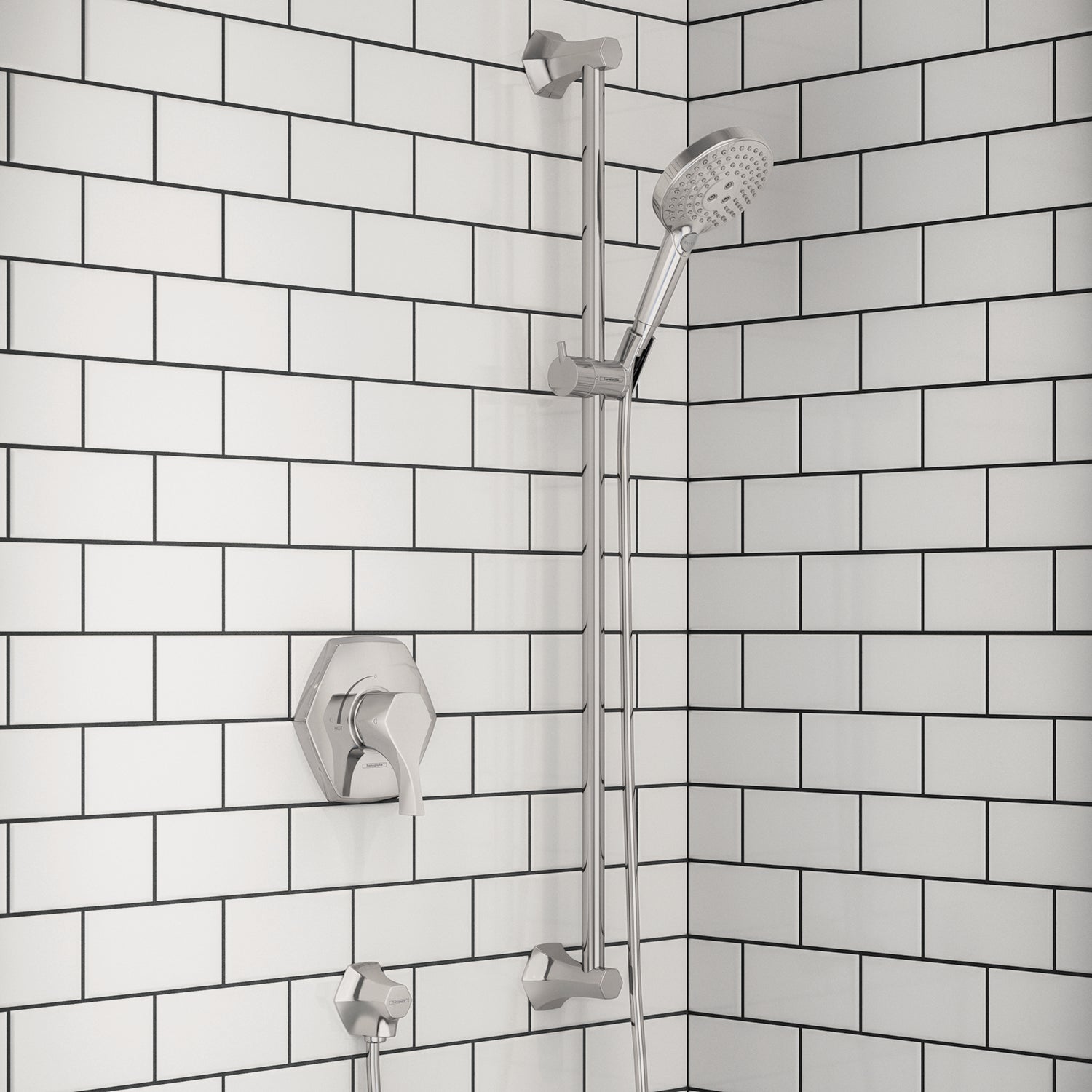 Chrome wallbar shower system with rainfall showerhead, handheld spray, and control valve mounted on subway tile.