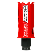 Red Diablo carbide-tipped holesaw with black socket base, labeled for wood and metal cutting.