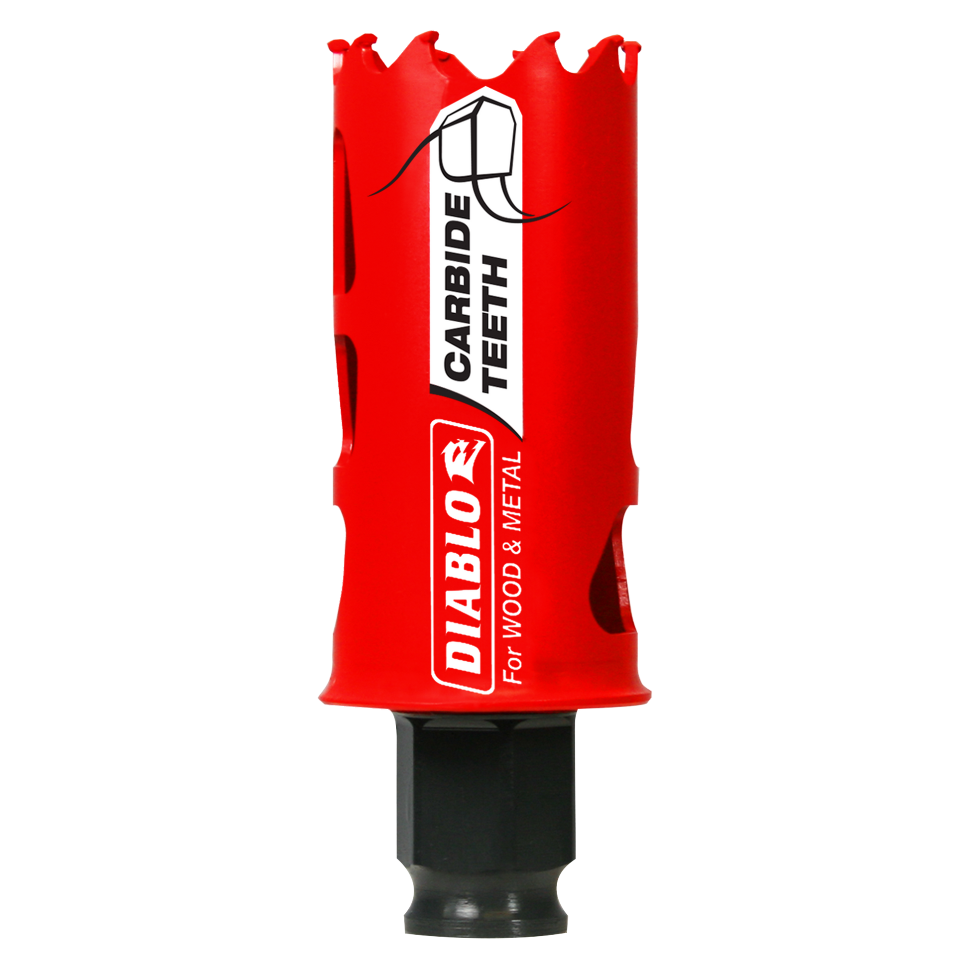Red Diablo carbide-tipped holesaw with black socket base, labeled for wood and metal cutting.
