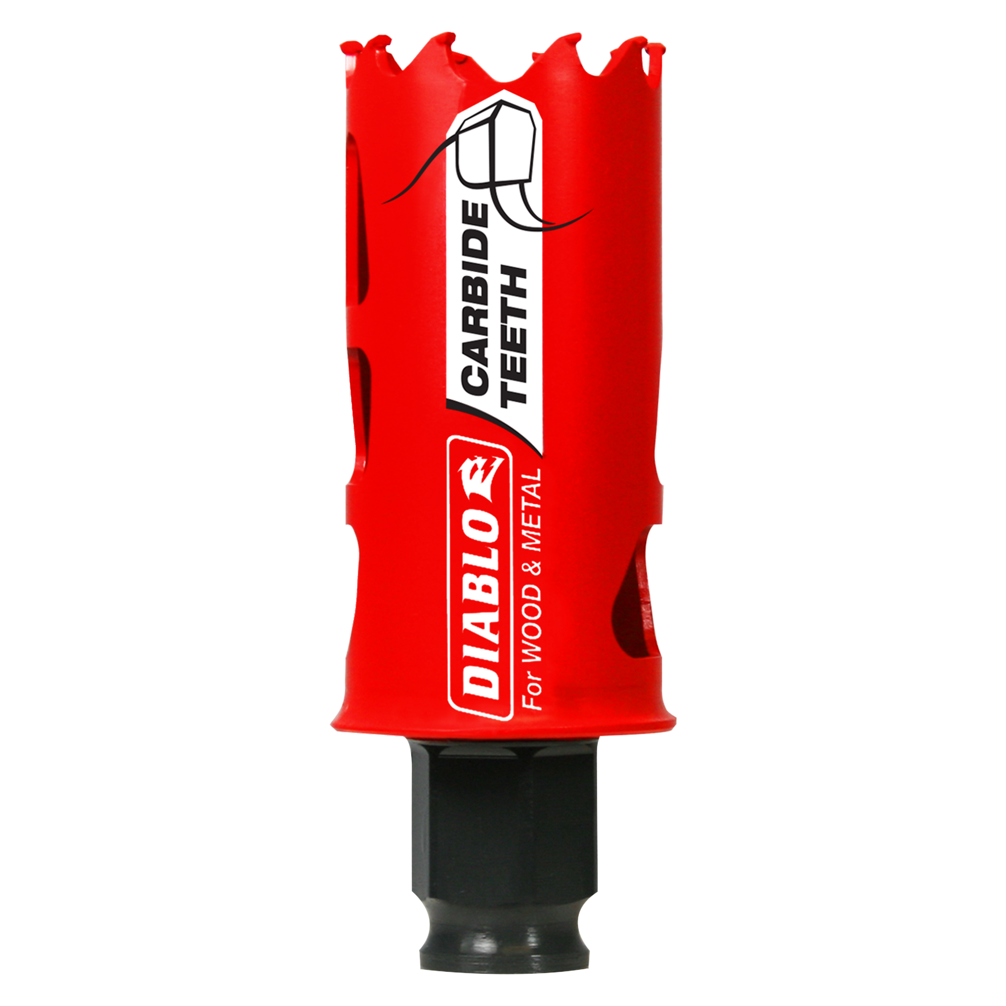 Red Diablo carbide-tipped holesaw with black socket base, labeled for wood and metal cutting.