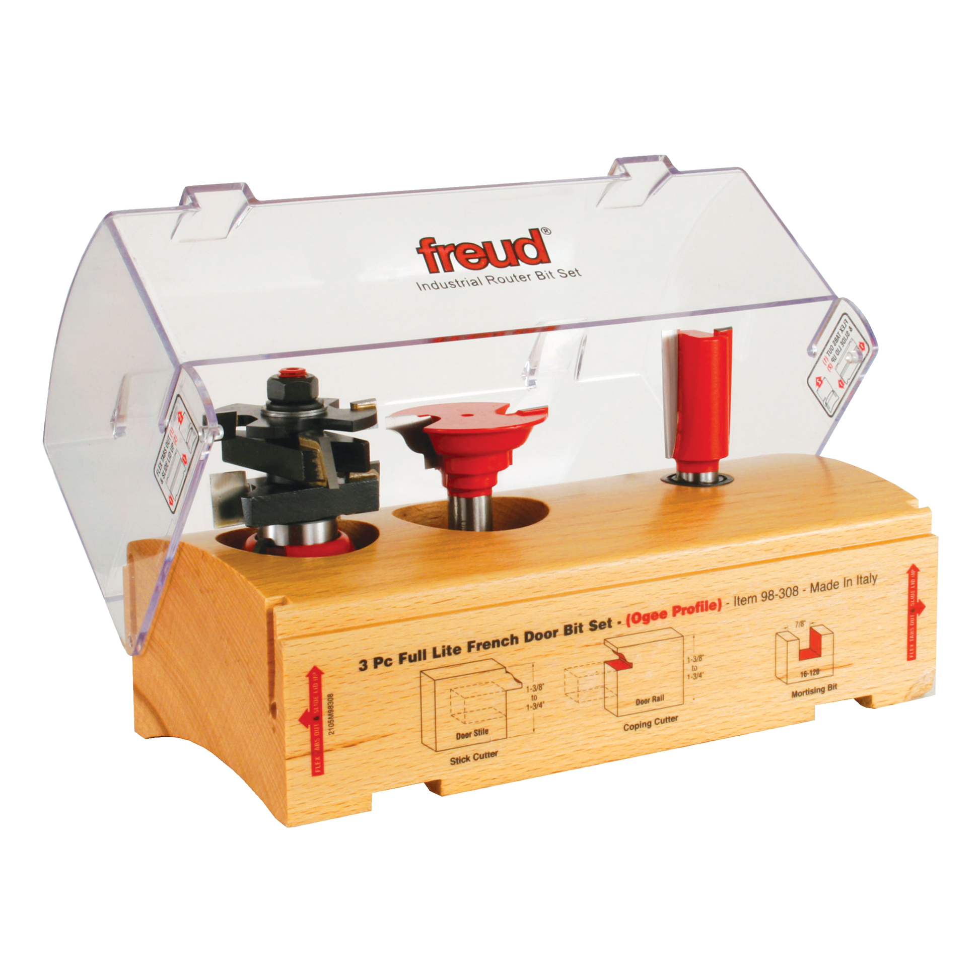 Three router bits displayed in wooden storage case with clear plastic lid and instructional diagrams.