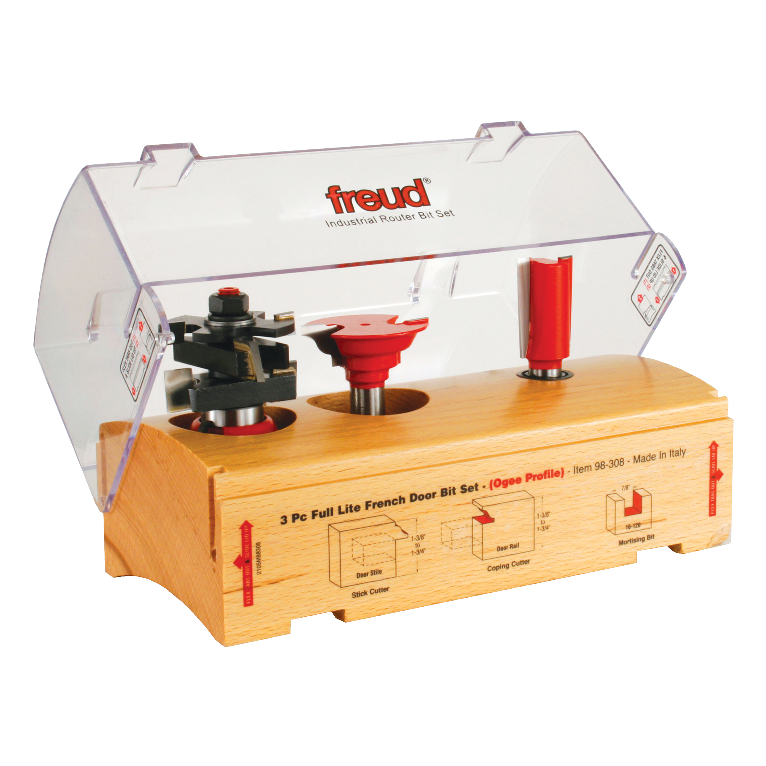Three router bits displayed in wooden storage case with clear plastic lid and instructional diagrams.