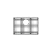 Stainless steel sink grid with square pattern and circular drain opening, secured with corner fasteners.