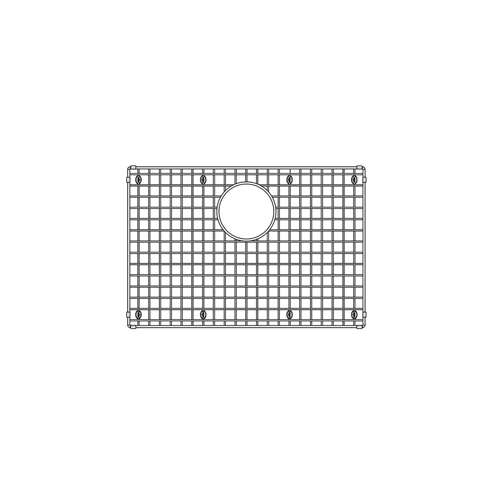 Stainless steel sink grid with square pattern and circular drain opening, secured with corner fasteners.