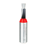 Freud 22-107 dovetail bit with silver metal body, black handle, and red collar featuring angled cutting edges.
