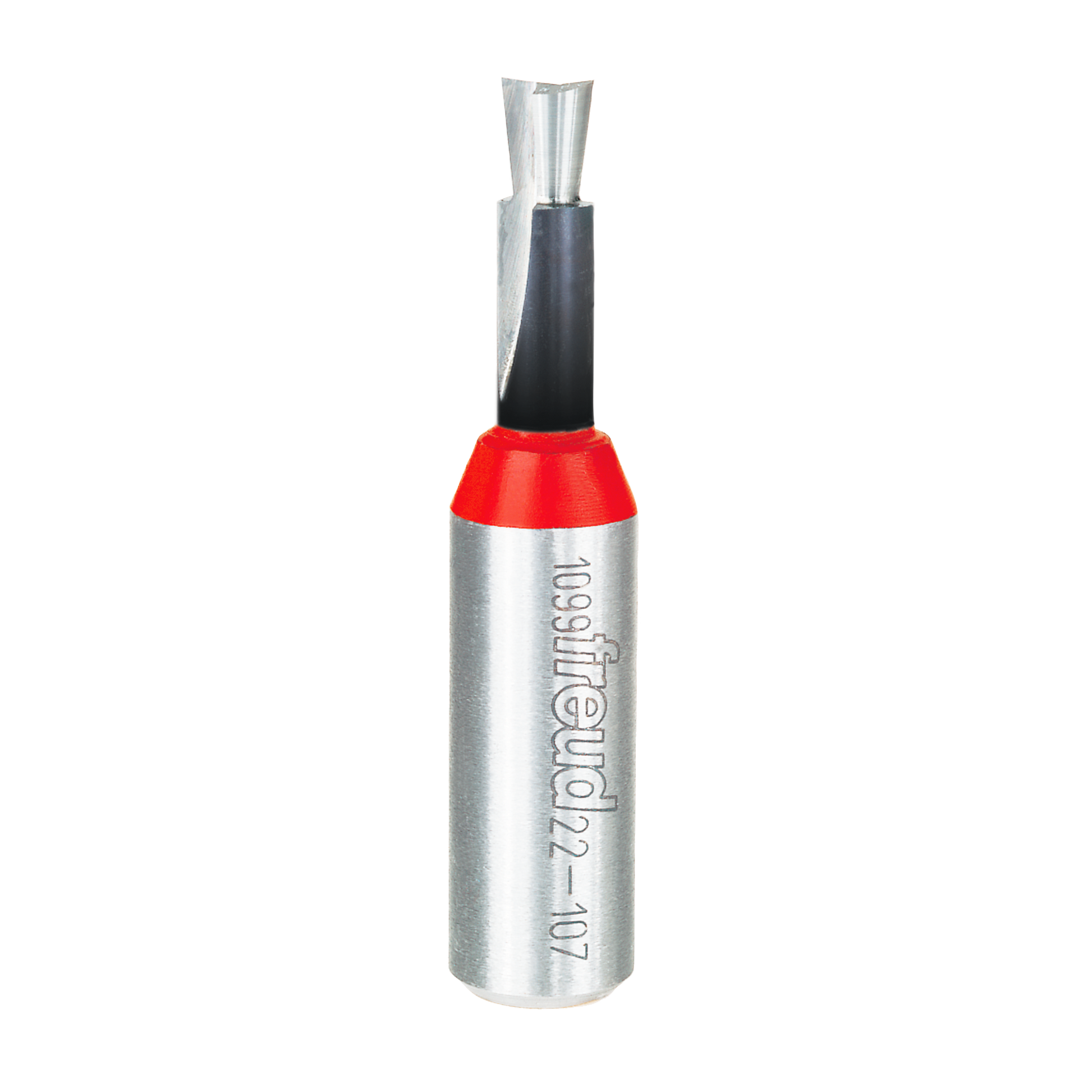 Freud 22-107 dovetail bit with silver metal body, black handle, and red collar featuring angled cutting edges.