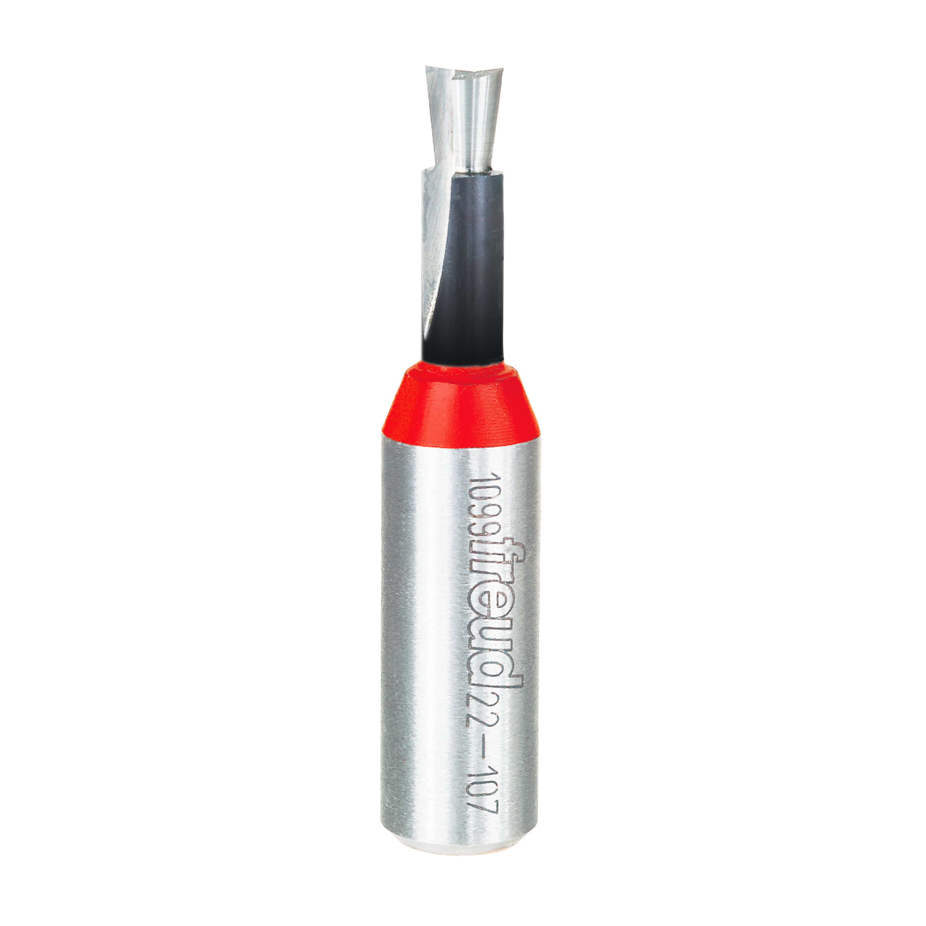 Freud 22-107 dovetail bit with silver metal body, black handle, and red collar featuring angled cutting edges.