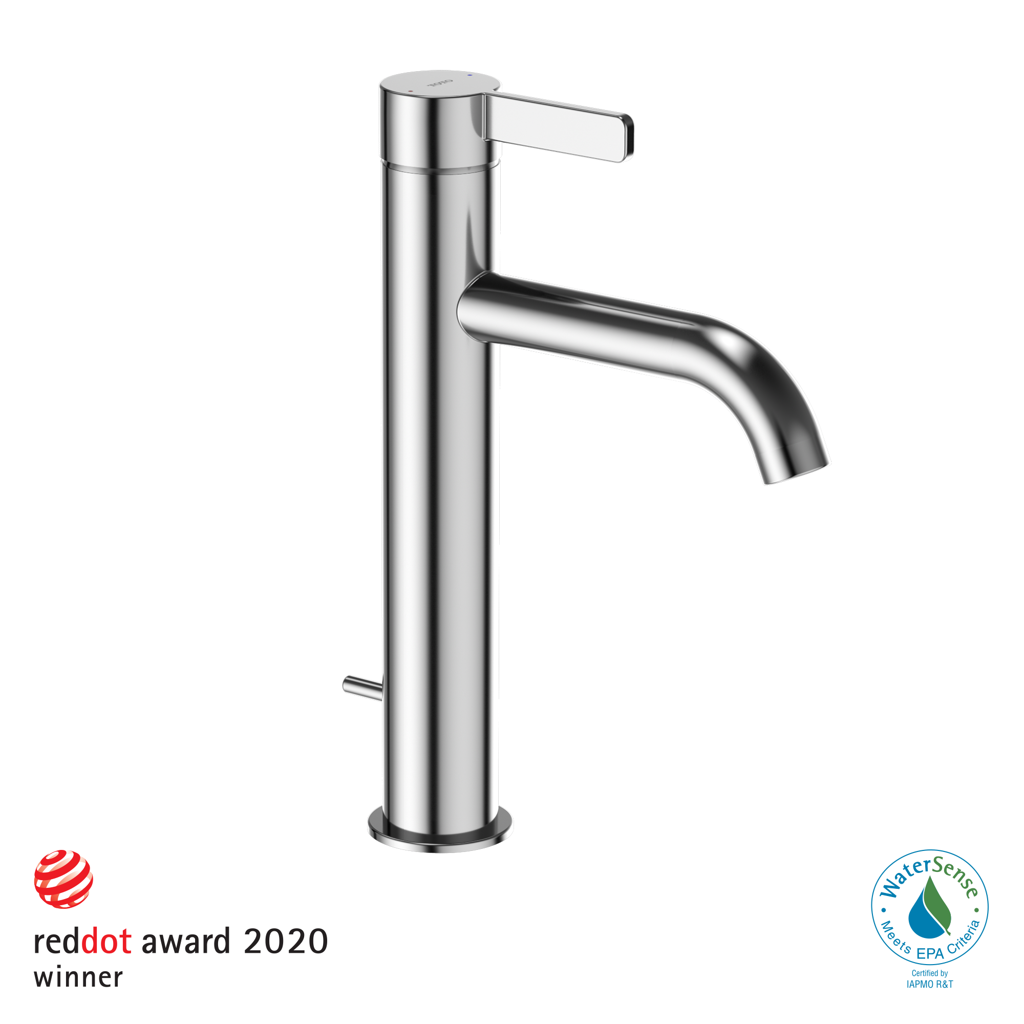 Polished chrome single-handle bathroom faucet with tall cylindrical spout and lever handle.