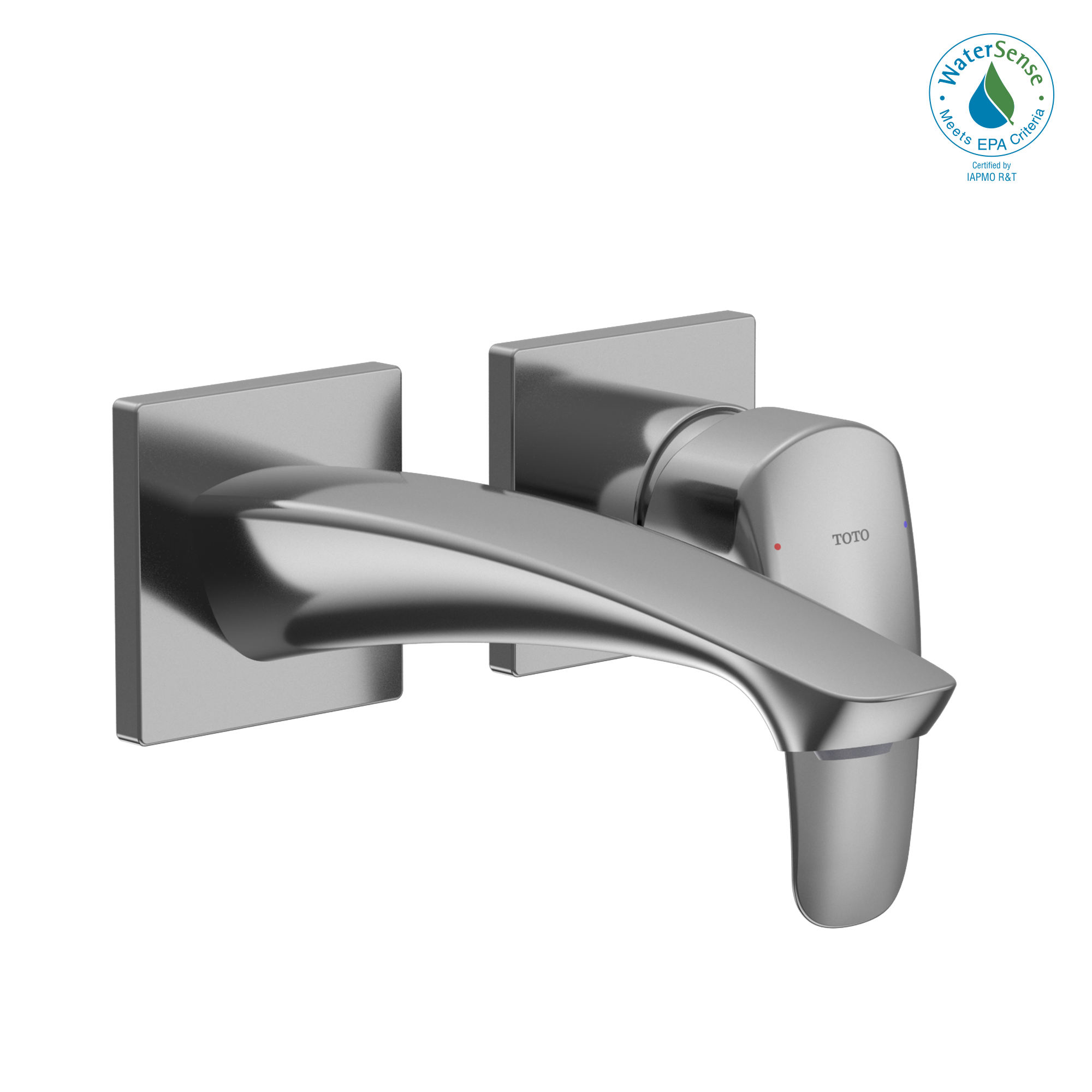 Polished chrome wall-mount bathroom faucet with single curved handle and rectangular escutcheons.