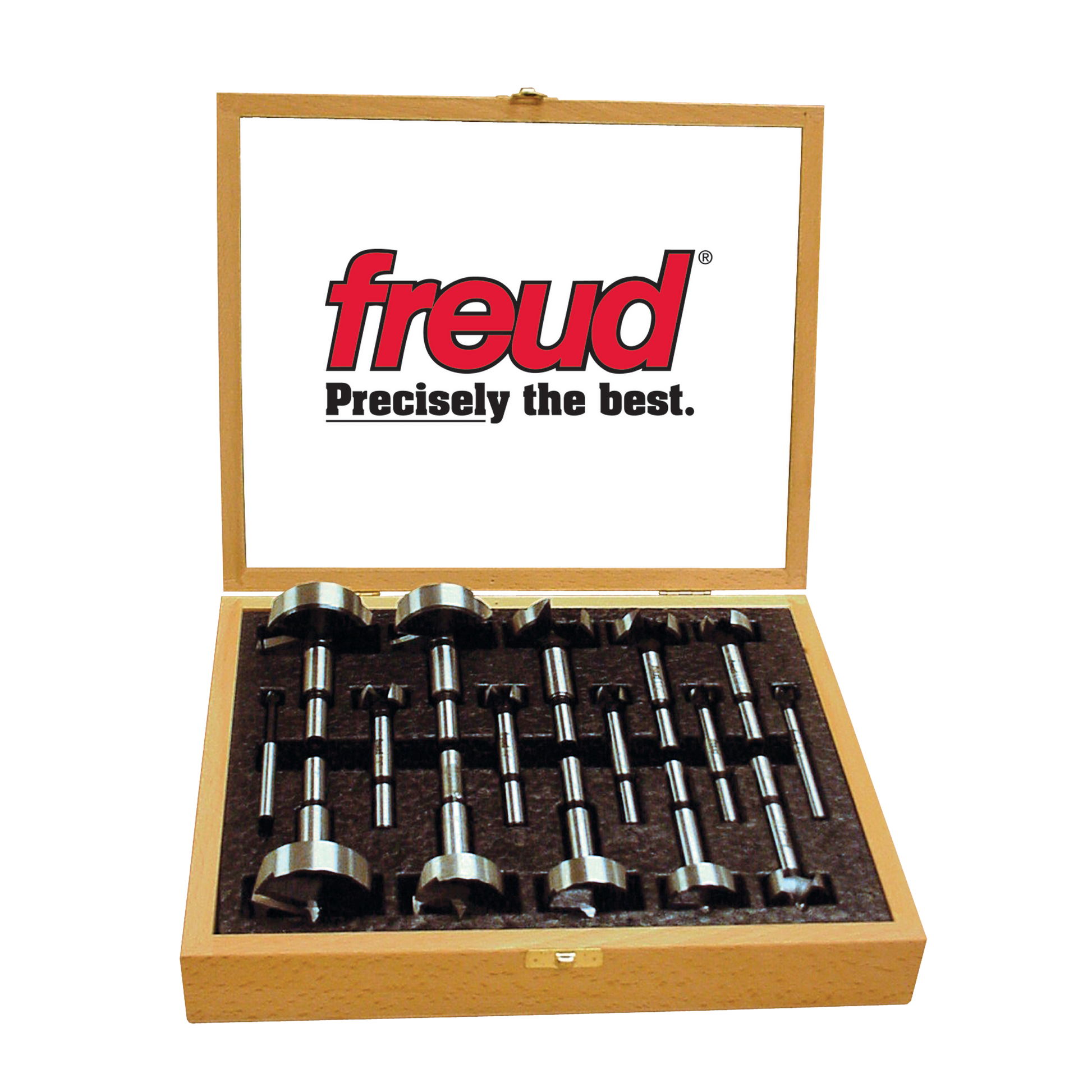 Freud Forstner bit set with 16 pieces in wooden case, ranging from 1/4" to 2-1/8" diameter.