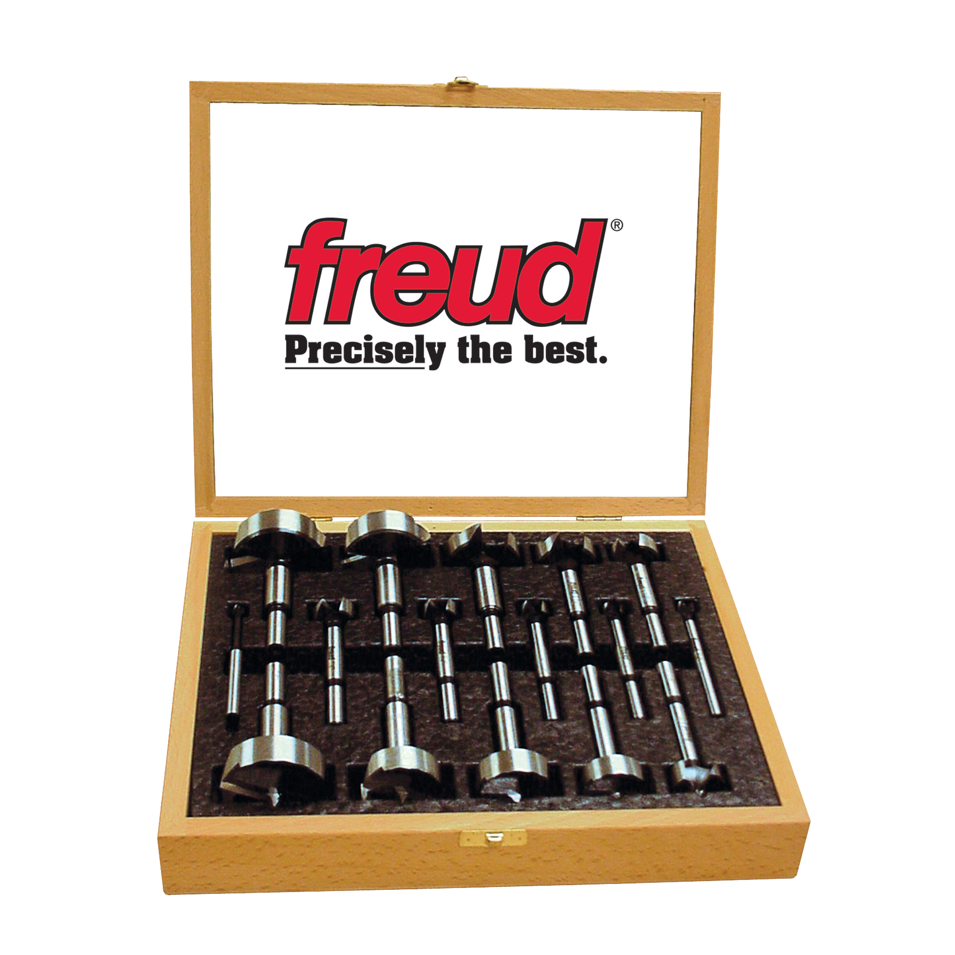 Freud Forstner bit set with 16 pieces in wooden case, ranging from 1/4" to 2-1/8" diameter.