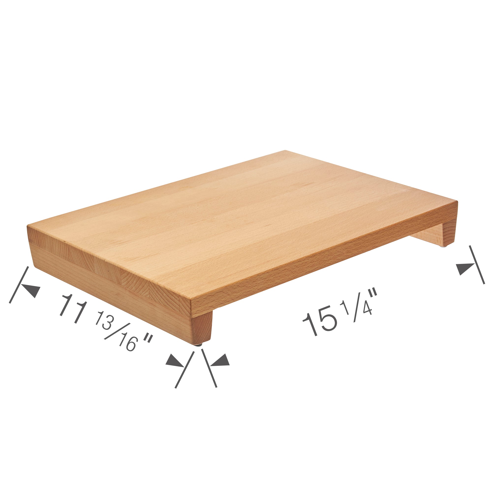 Beechwood rectangular cutting board with raised edges and built-in feet, dimensions shown.