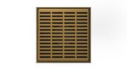 Square satin bronze drain grate with slotted pattern design and dark frame border.