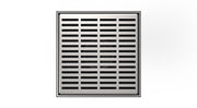 Satin stainless steel square drain grate with horizontal slotted pattern design, 5" x 5" size.