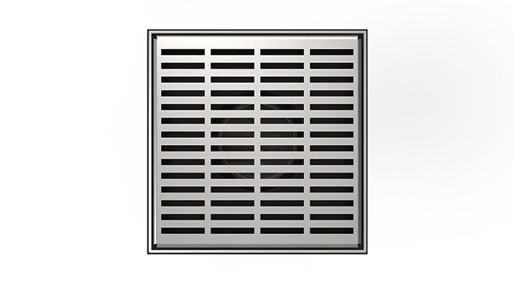 Satin stainless steel square drain grate with horizontal slotted pattern design, 5" x 5" size.