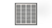 Square drain grate with horizontal slotted pattern in polished stainless steel and silver frame.