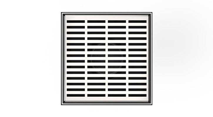 Square drain grate with horizontal slotted pattern in polished stainless steel and silver frame.