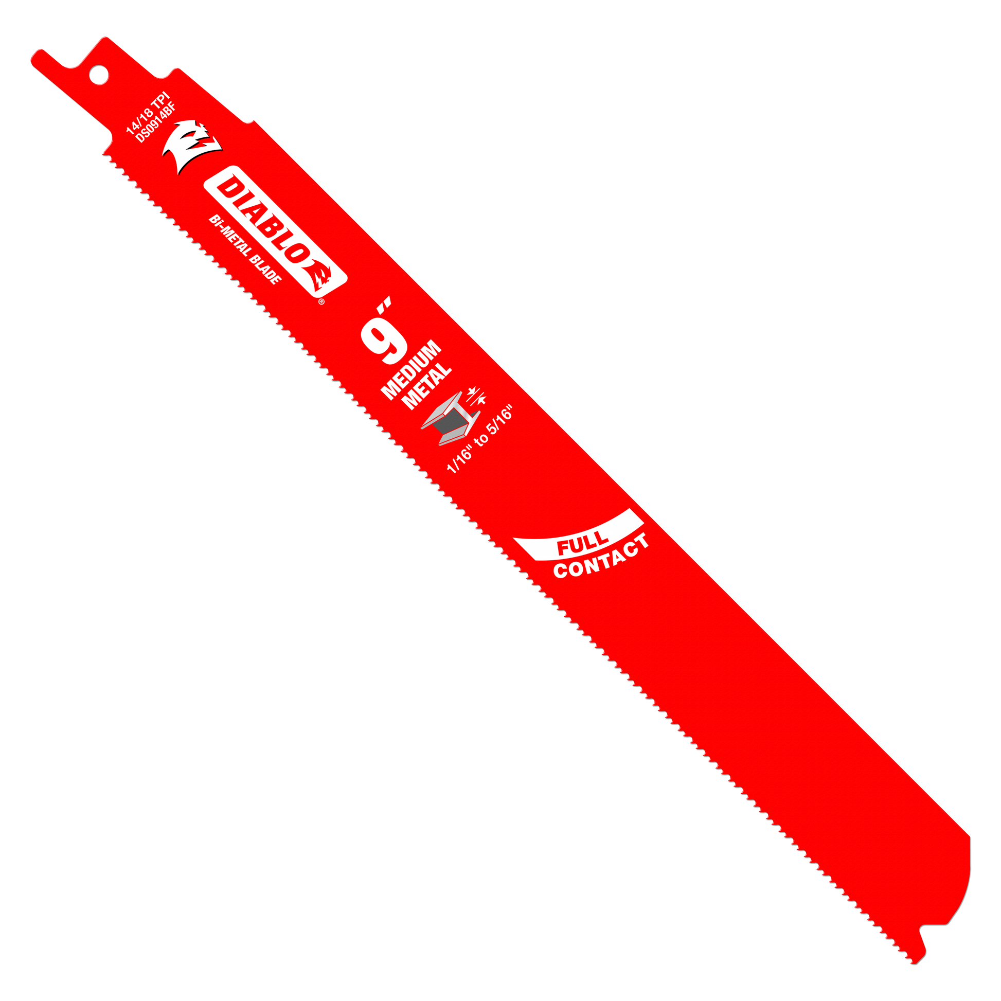 Red bi-metal reciprocating saw blade with serrated cutting edge and mounting hole at top.