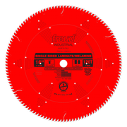 Red circular saw blade with white teeth around edge and center hole, labeled Freud Industrial for single-sided laminate/melam