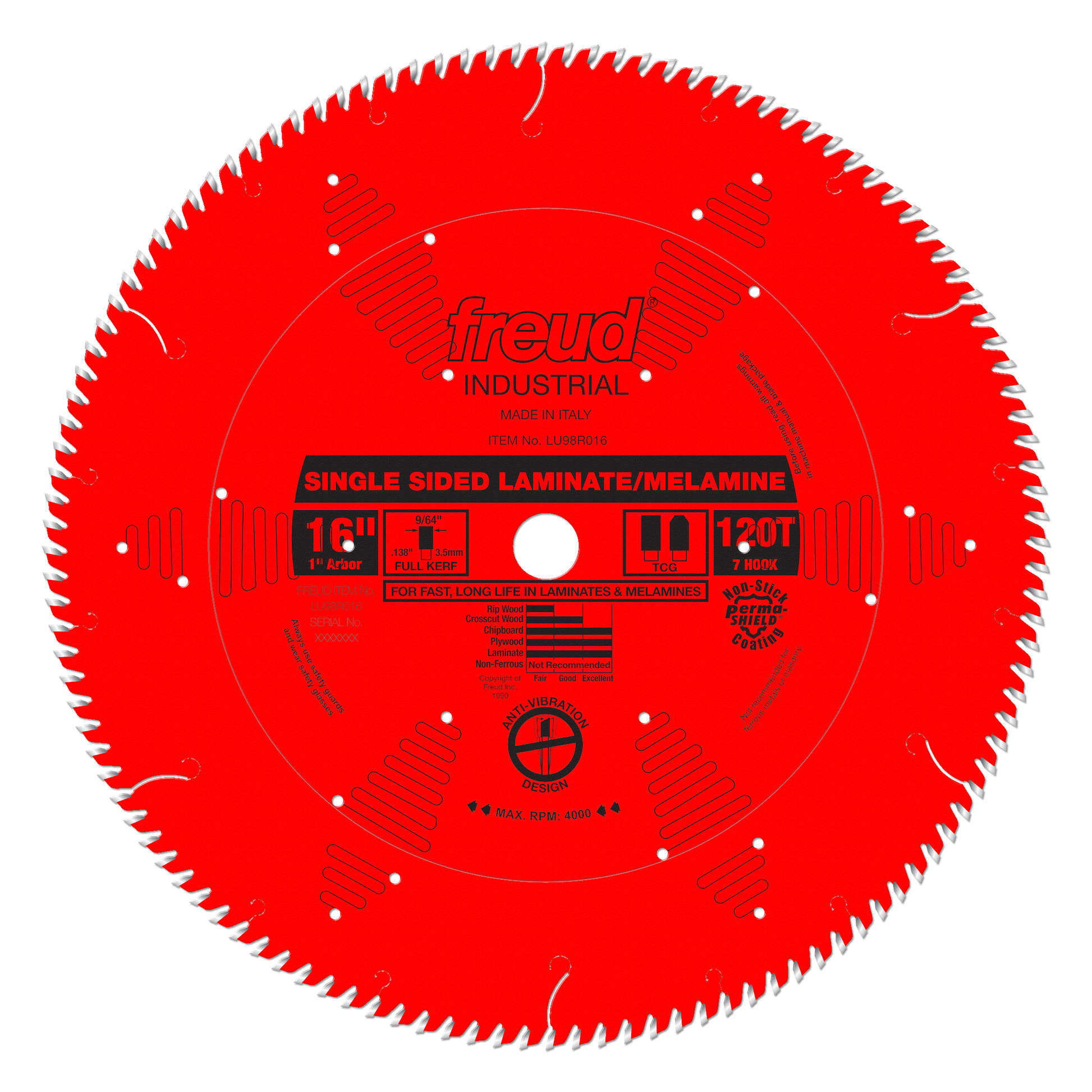 Red circular saw blade with white teeth around edge and center hole, labeled Freud Industrial for single-sided laminate/melam