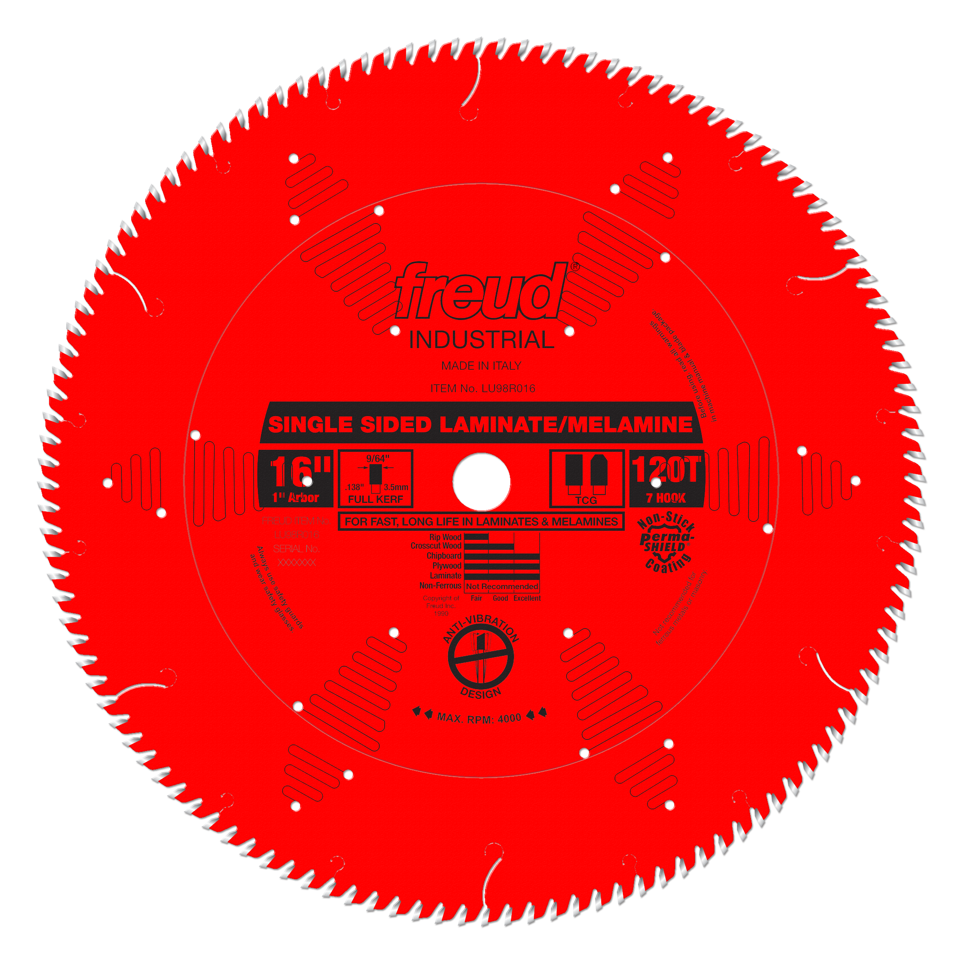 Red circular saw blade with white teeth around edge and center hole, labeled Freud Industrial for single-sided laminate/melam